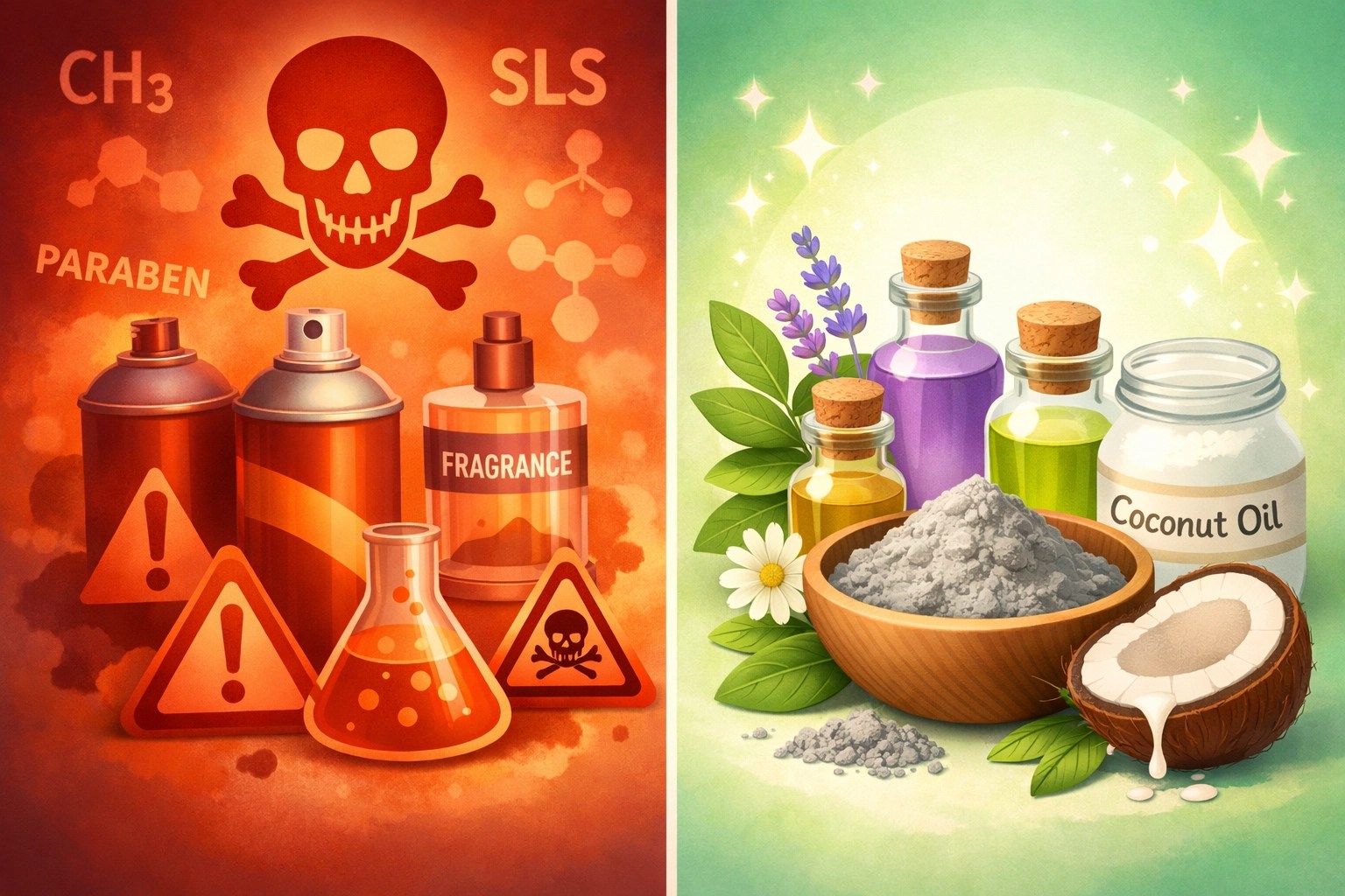 Comparison showing harmful deodorant chemicals versus safe natural ingredients like clay and oils