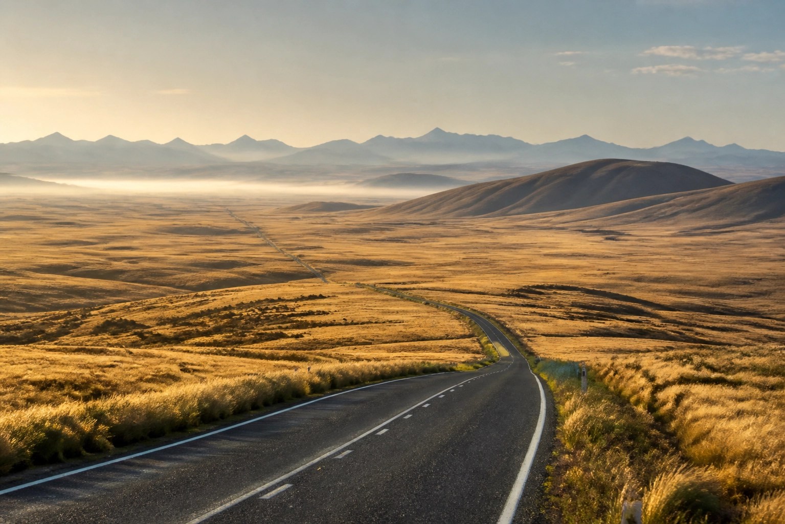 Professional landscape photograph of a long, winding asphalt road stretching through a vast, quiet rural landscape of rolling hills and golden fields. The scene is captured in the soft, low-angled light of early morning, creating long, gentle shadows. The composition is minimalistic and clean, emphasizing the beauty and the immense distance of a remote area. The color grading is natural and airy, with a soft focus on the distant horizon to convey a sense of vastness.