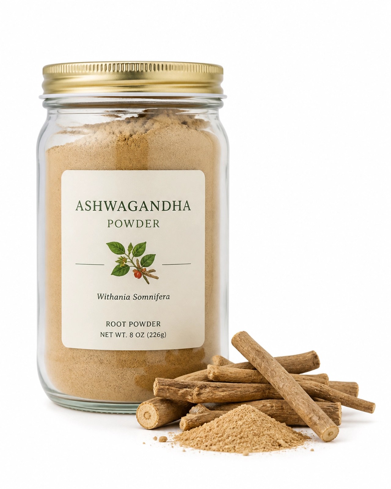 Polvo de raíz de Ashwagandha en presentación natural