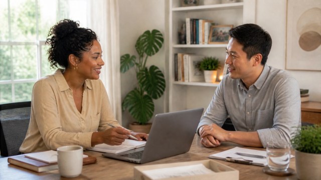 Financial advisor reviewing a meeting summary and calendar with a colleague