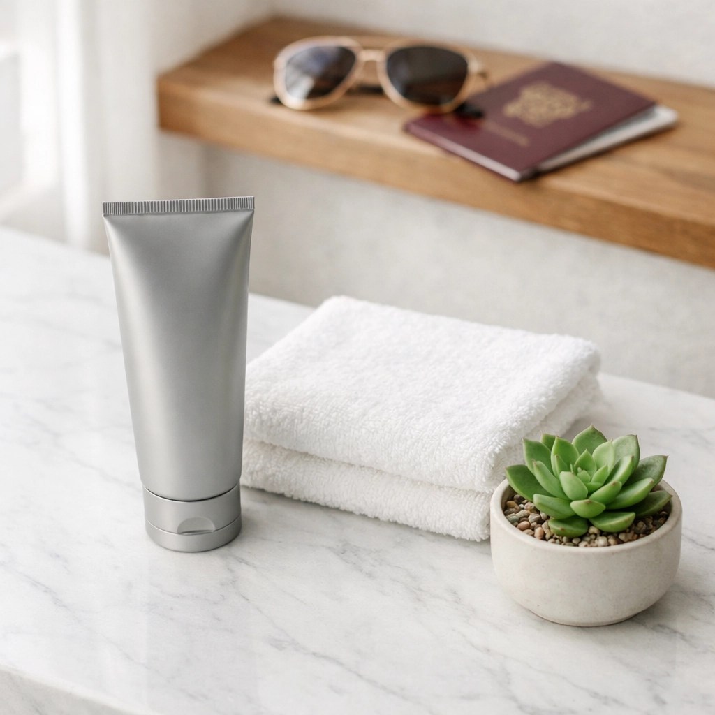 Travel skincare essentials including a green clay tube on a hotel bathroom vanity with a passport and sunglasses.