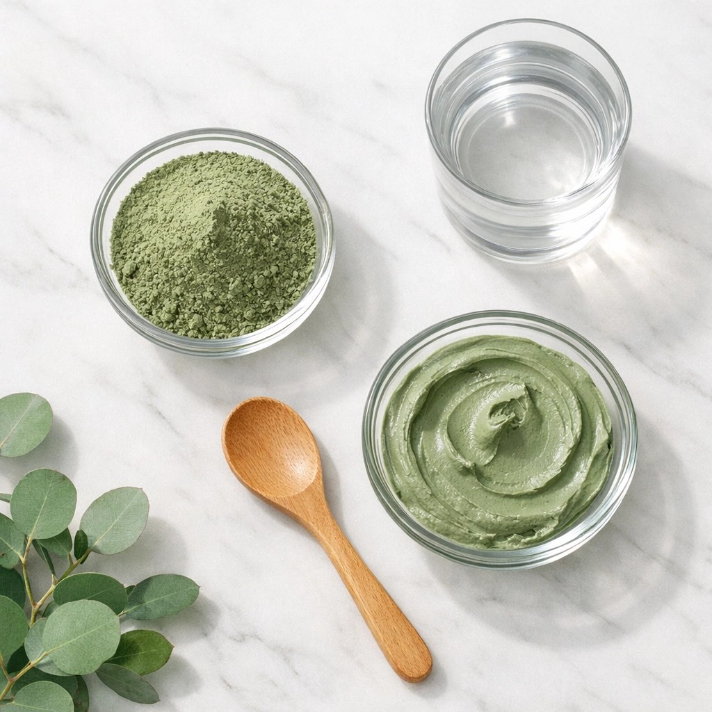 Green clay detox preparation with powder, mixed paste, wooden spoon and water in glass bowls