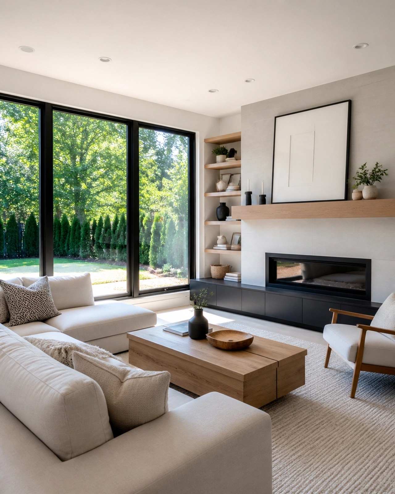 A bright and modern living room with neutral tones and natural light