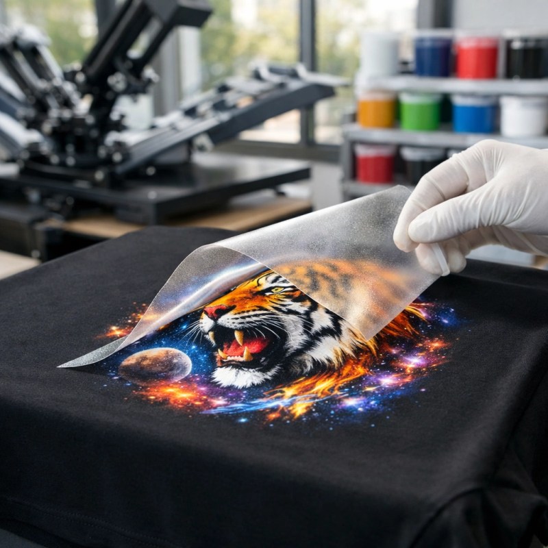 Professional DTF transfer application on fabric in a modern printing facility for custom apparel.