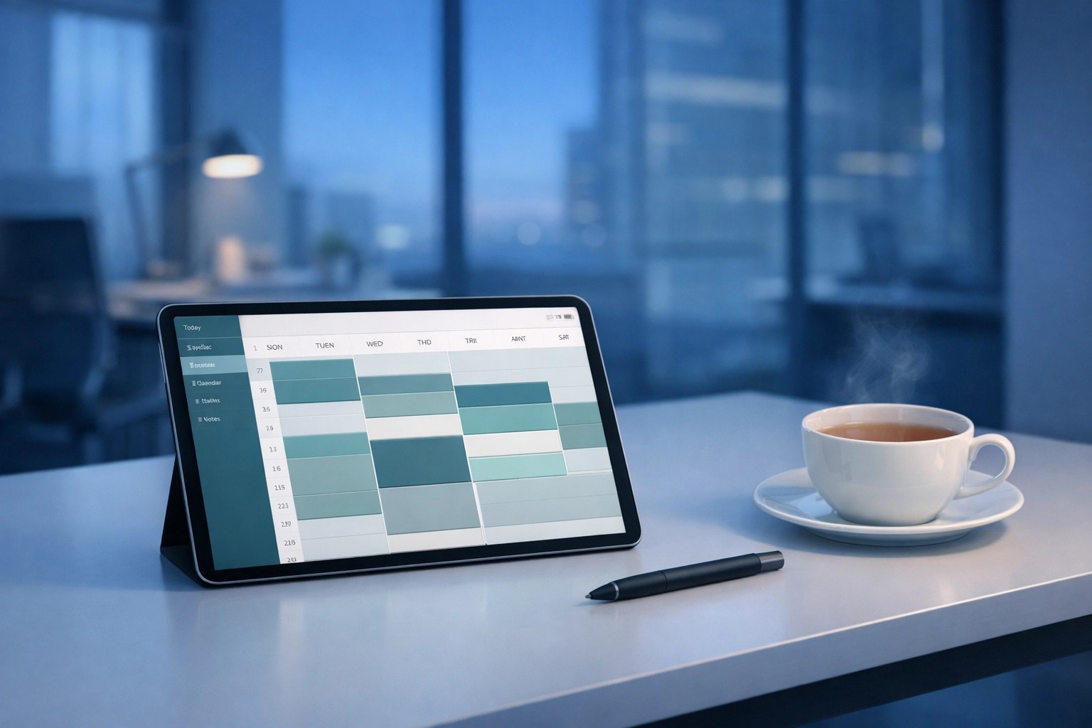 Modern workspace with a digital calendar highlighting campaign finance and election reporting deadlines.