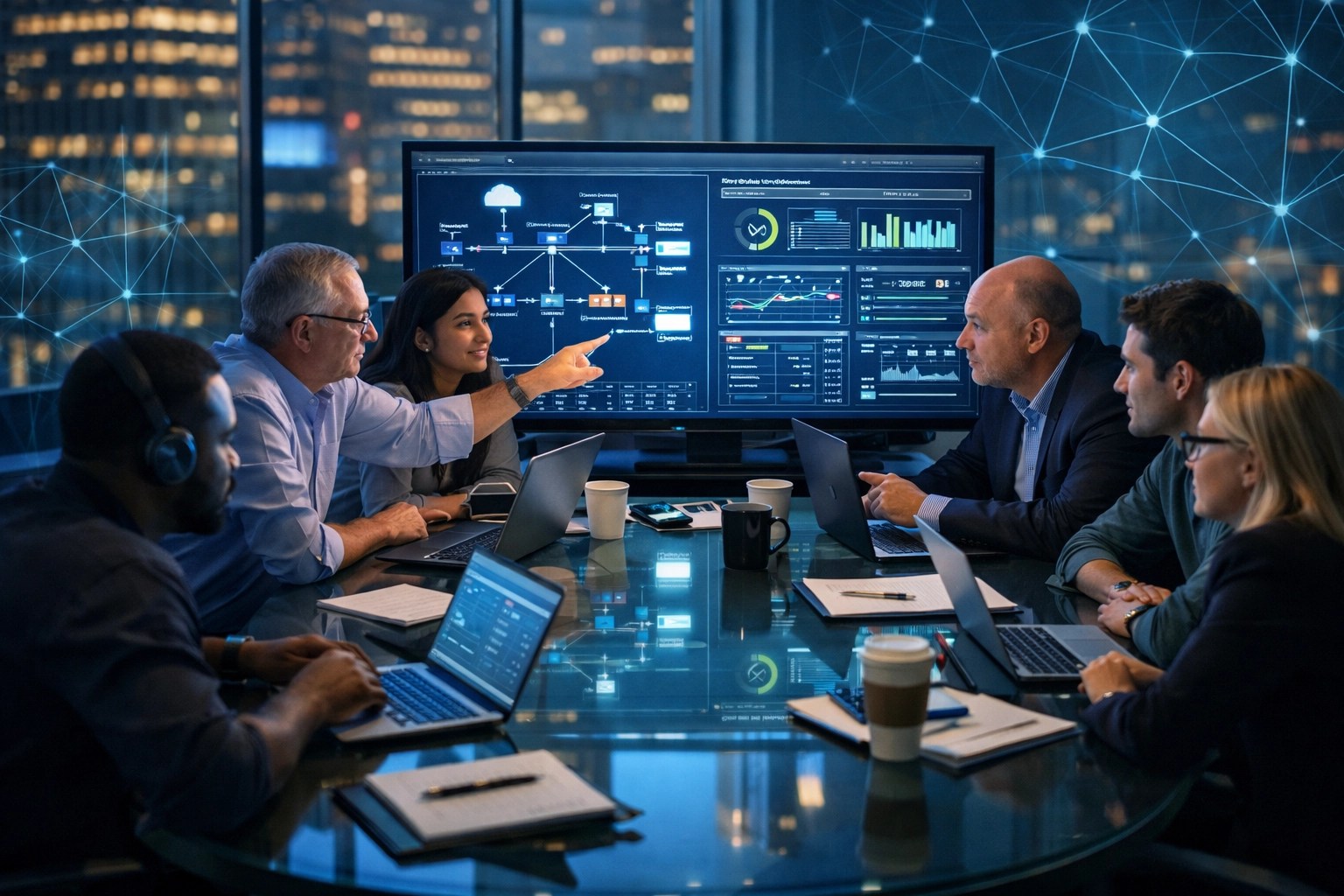 Co-managed IT team collaborating on network systems in modern Houston office