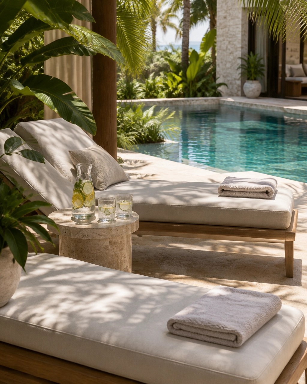 Empty shaded resort patio with loungers, folded towels, citrus water, and calm pool water