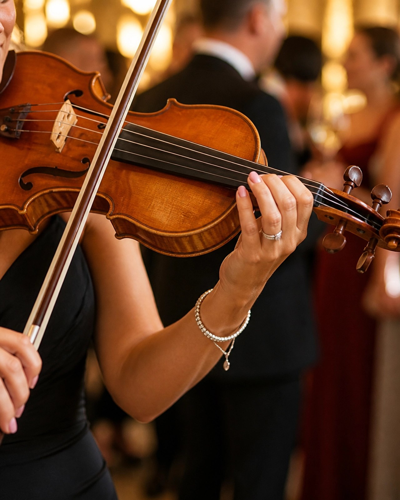 Close-up of a violinist's hands playing at a sophisticated evening event with a warm, golden atmosphere.