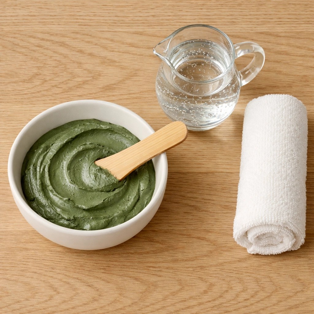 Preparation of a green clay mask in a ceramic bowl for a natural skin detox and clearer complexion.