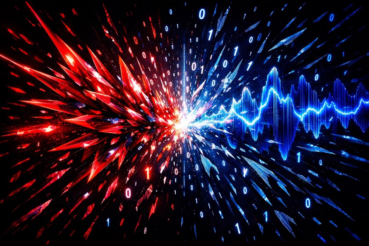 Clash of digital audio frequencies representing the industry's fight against AI voice cloning fraud.