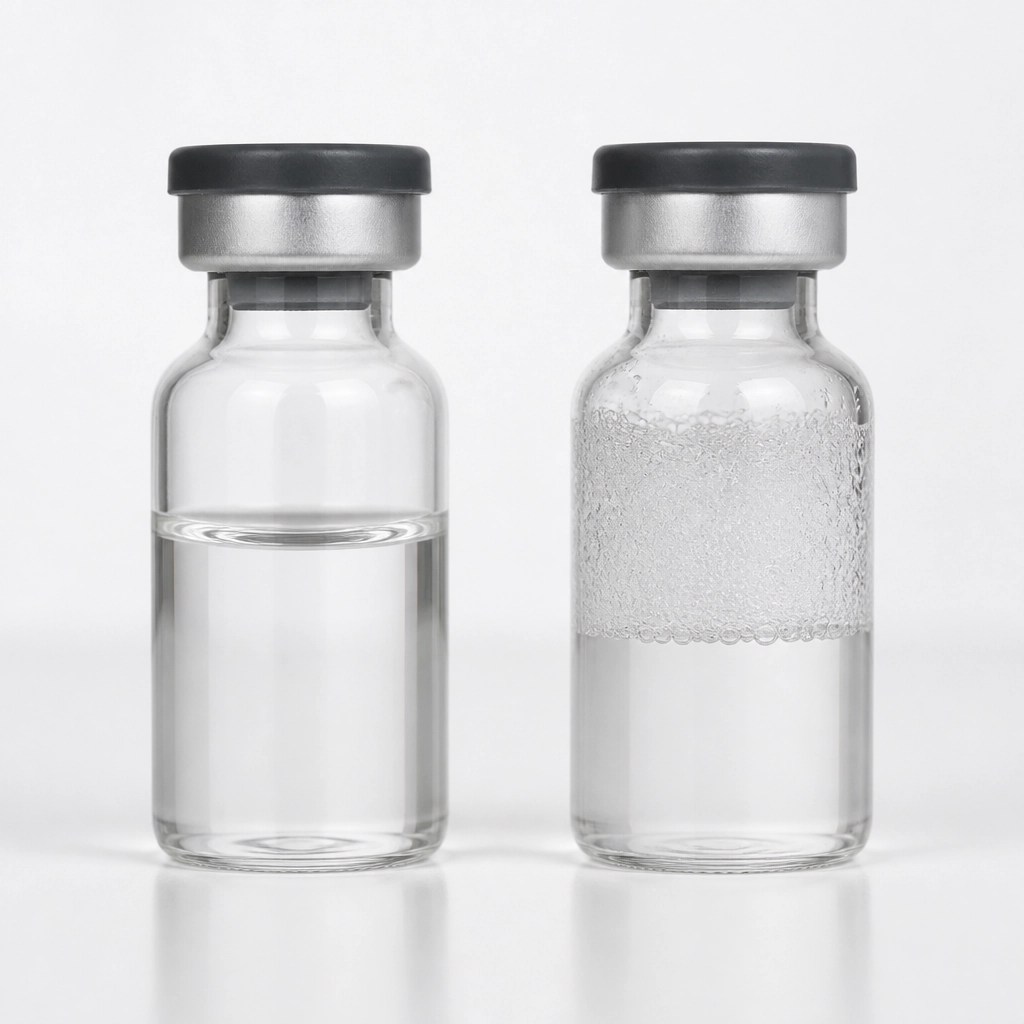 Comparison of a clear, swirled vial versus a foamy, shaken vial