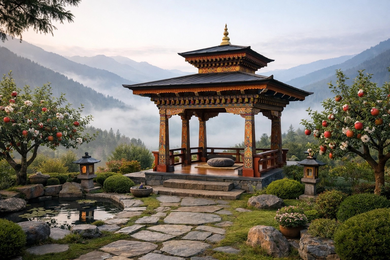 Bhutan Meditation Pavilion Overlooking the Himalayas
