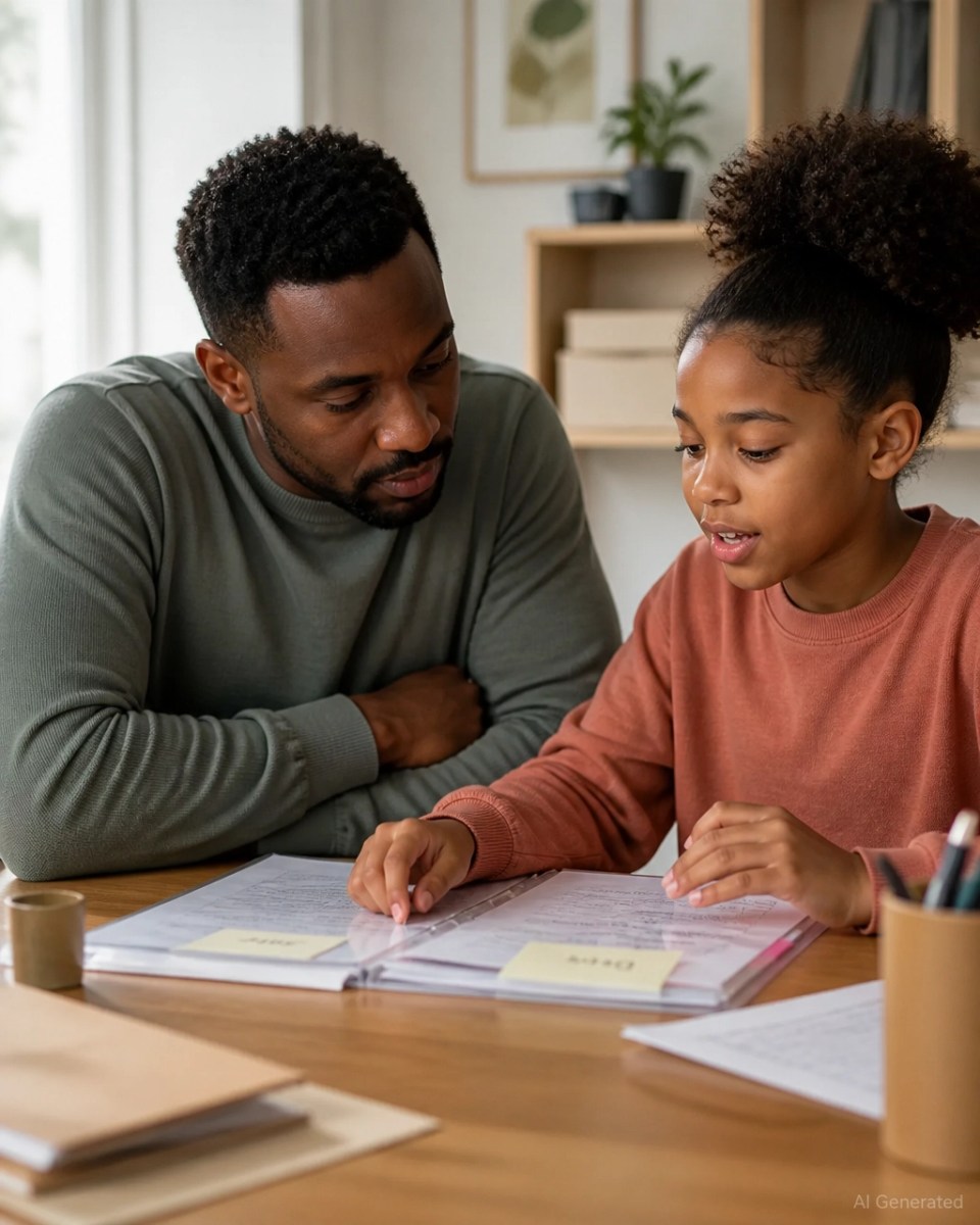 Black father and middle-school daughter organizing school suspension documents and discussing her perspective at home