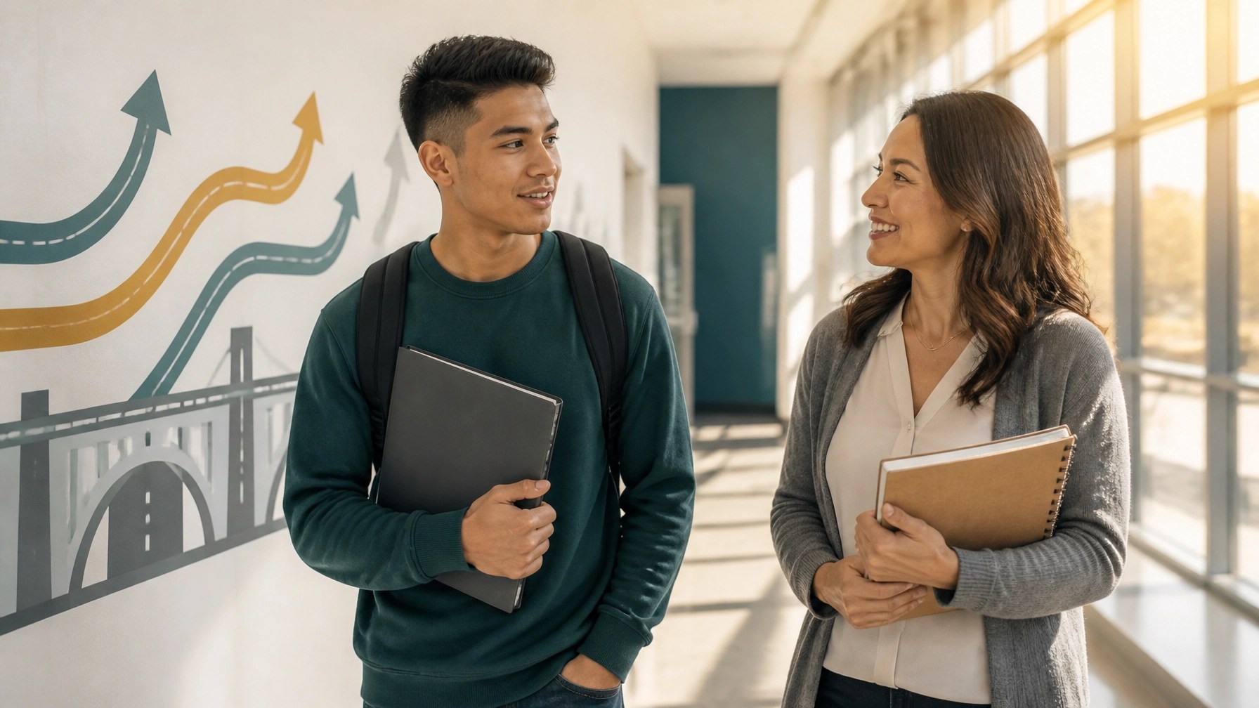 A first generation college student speaking with a mentor in a bright campus hallway with pathway inspired design accents
