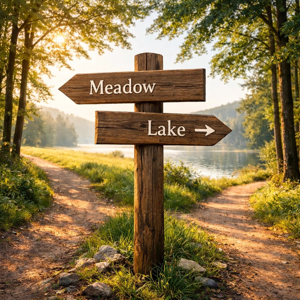 Wooden signpost at a forest fork representing different Medicare enrollment periods and coverage choices.
