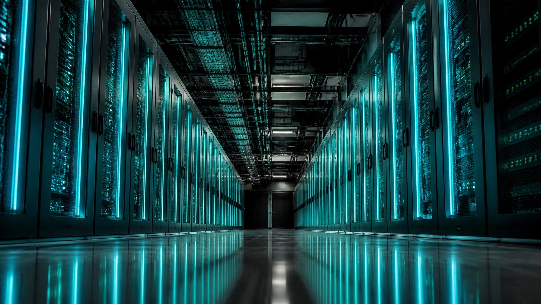 An architectural shot of a modern server room