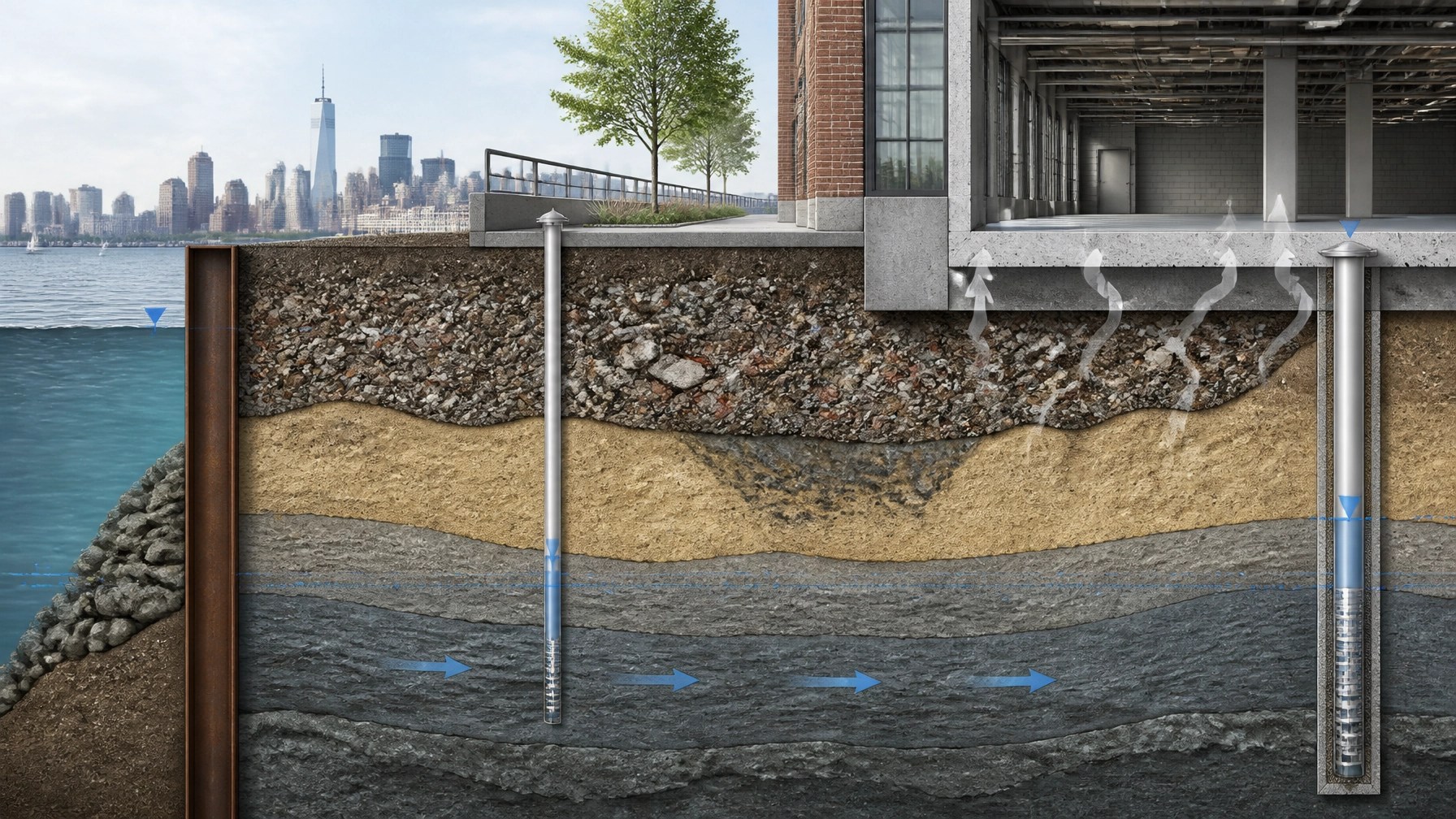 Technical cutaway showing generic urban waterfront subsurface layers, historic fill, groundwater, a monitoring well, and a vapor pathway