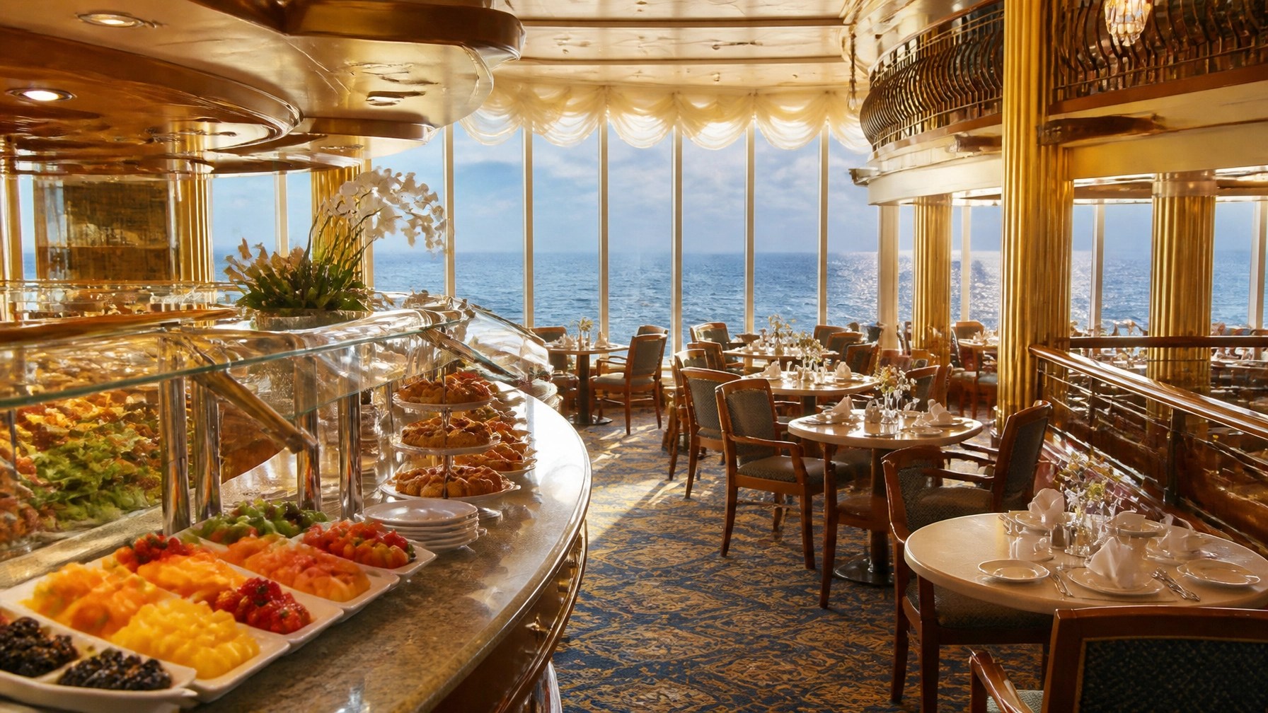 Elegant cruise ship lunch setting with ocean views and no guests