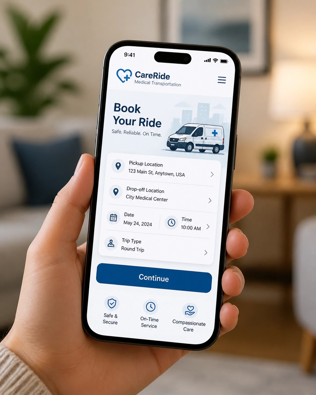 A clean, modern smartphone app interface for booking medical transportation