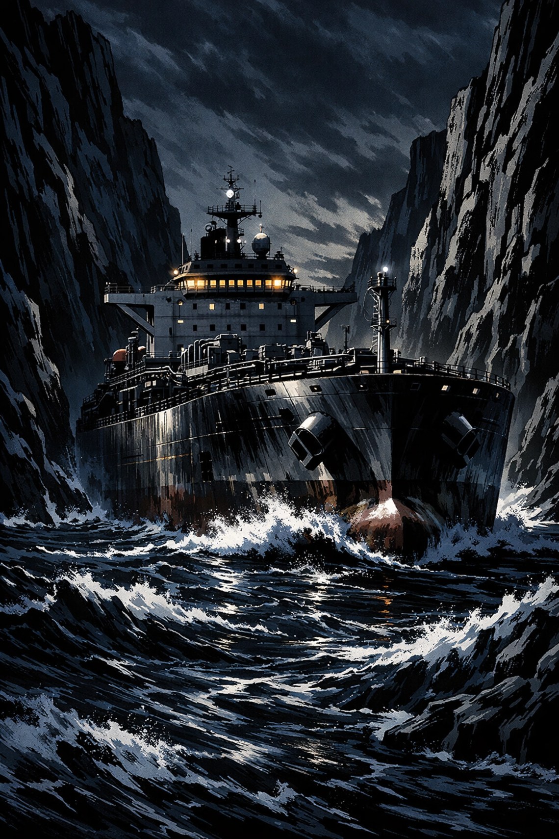 Large oil tanker navigating the Strait of Hormuz during a global energy crisis and threat to oil supplies.
