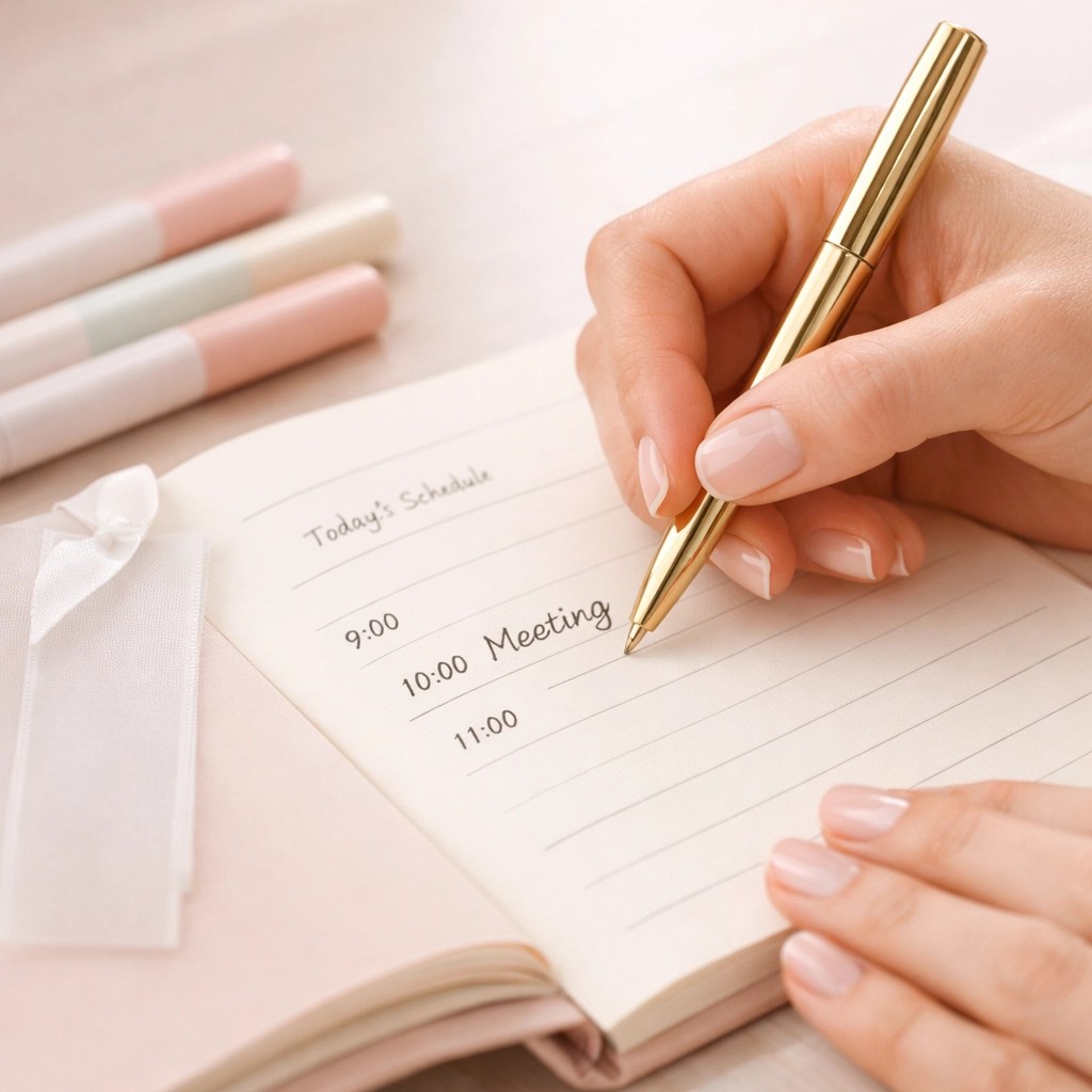 Close-up of a woman writing in her christian planner and prayer journal during her morning quiet time.