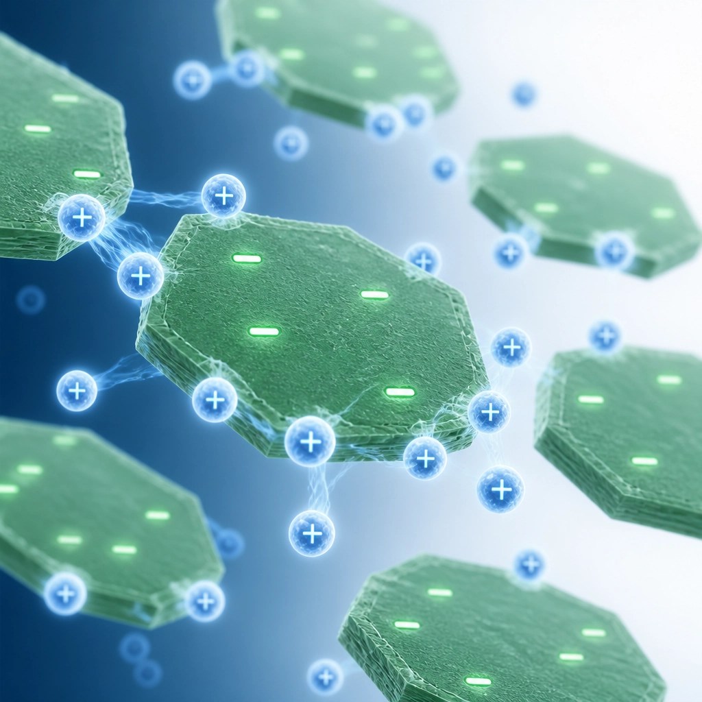 Abstract visualization of negative clay particles attracting positive toxins