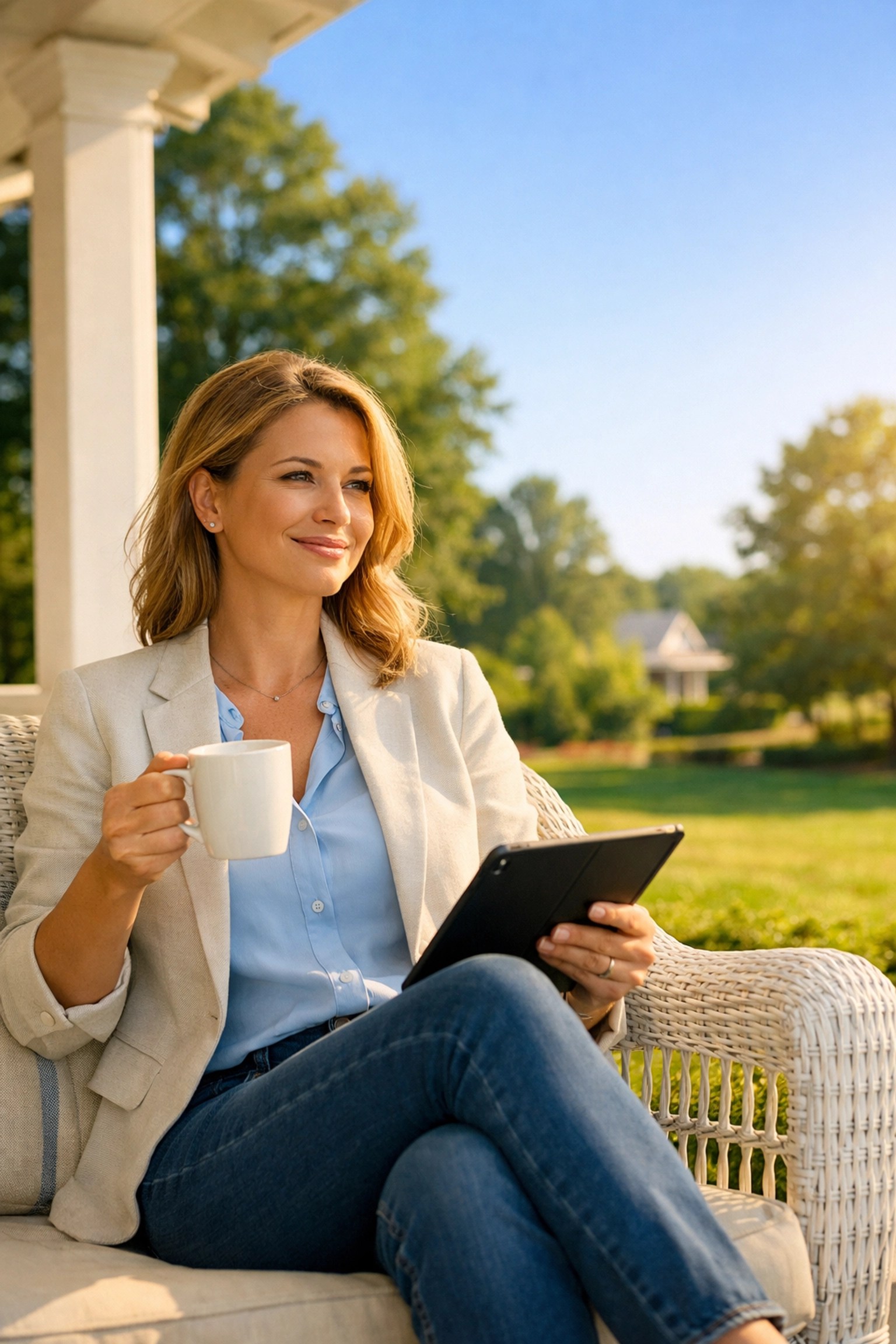A confident woman in North Carolina using a tablet to research individual health insurance plans on her porch.