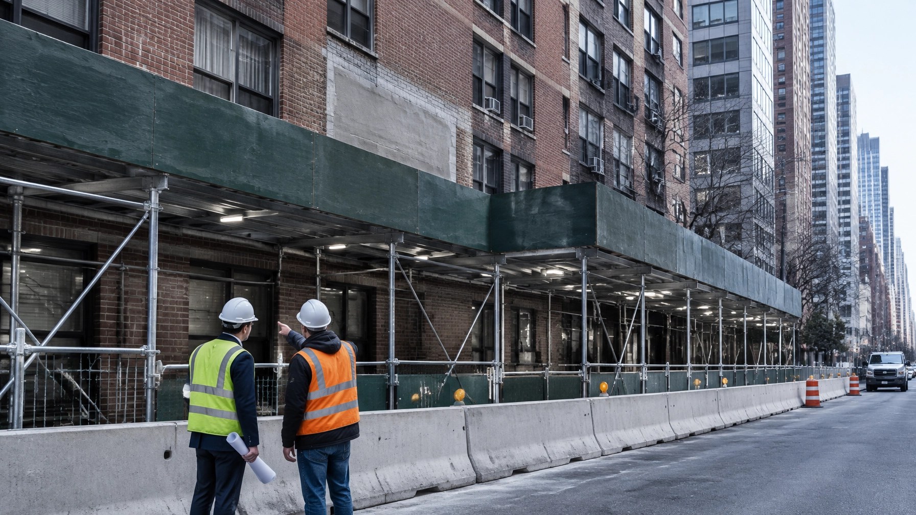 NYC building facade with sidewalk shed and pedestrian protection measures during unsafe condition repair