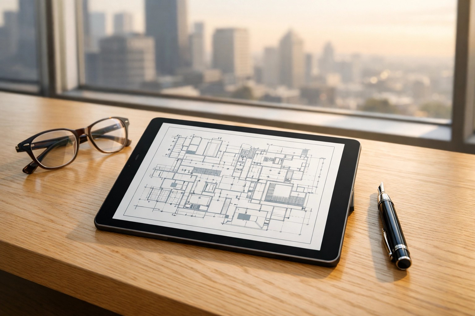 A modern office desk with a digital blueprint, symbolizing a structured GTM architecture for healthcare tech startups.