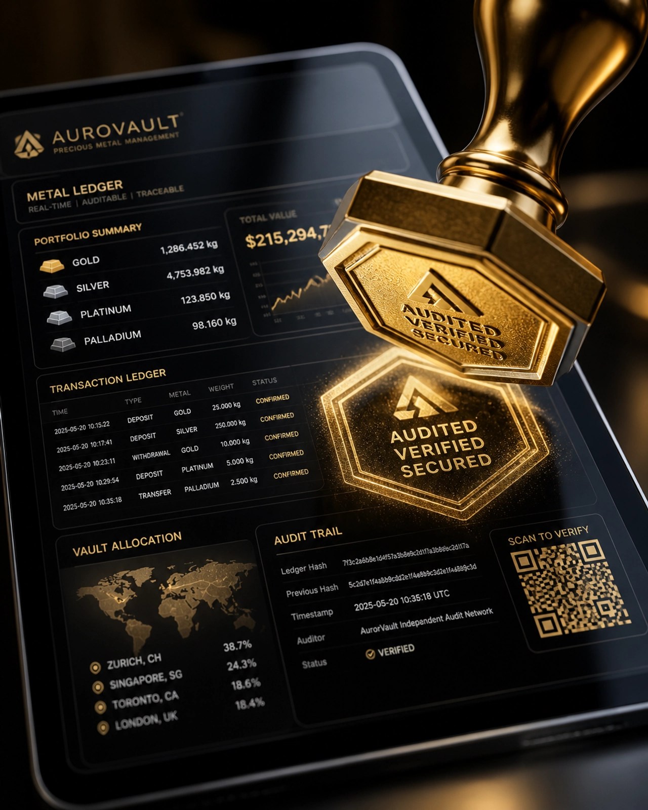 Close-up of a digital hexagonal seal stamping a ledger for asset integrity