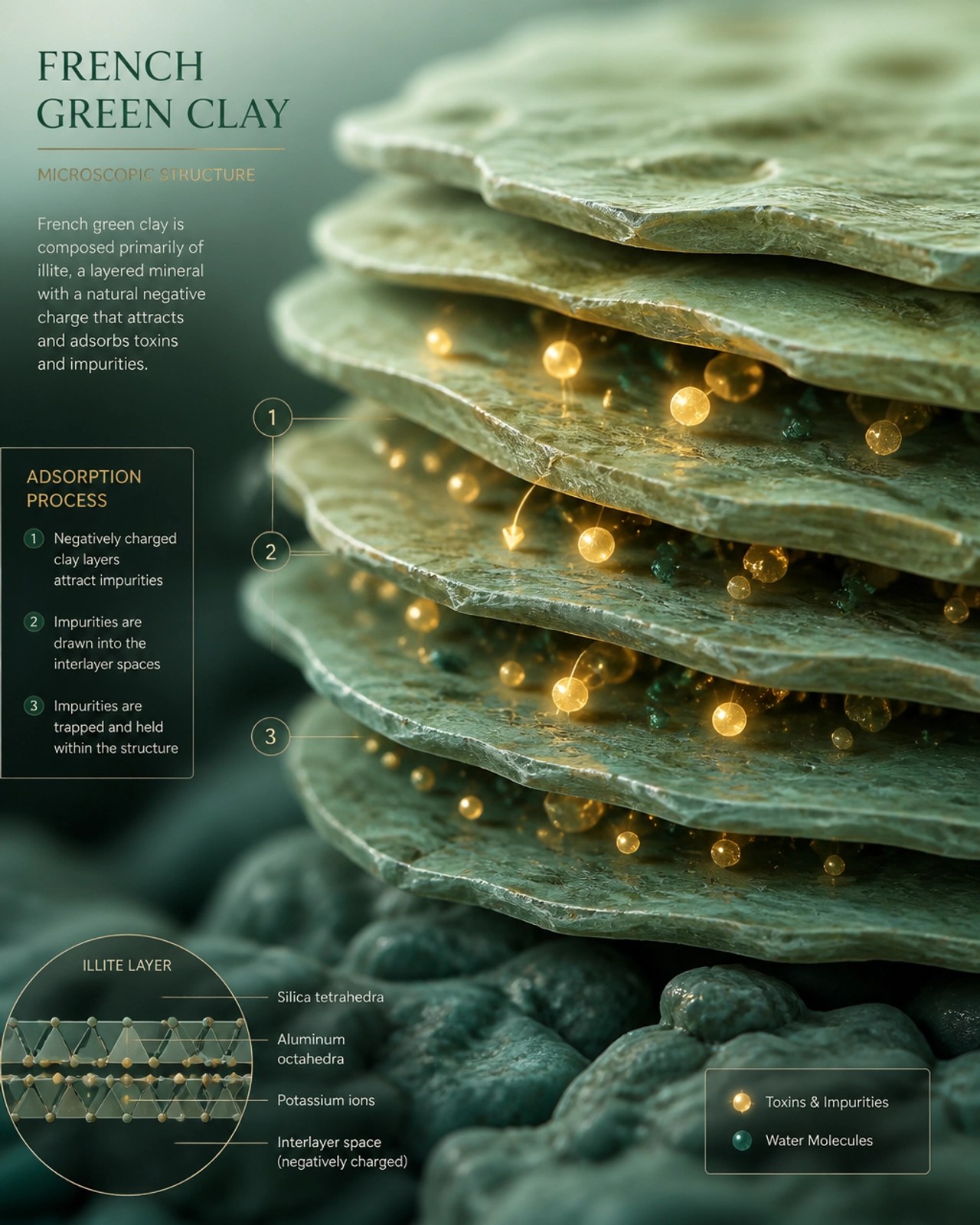 Microscopic structure of French green clay trapping toxins
