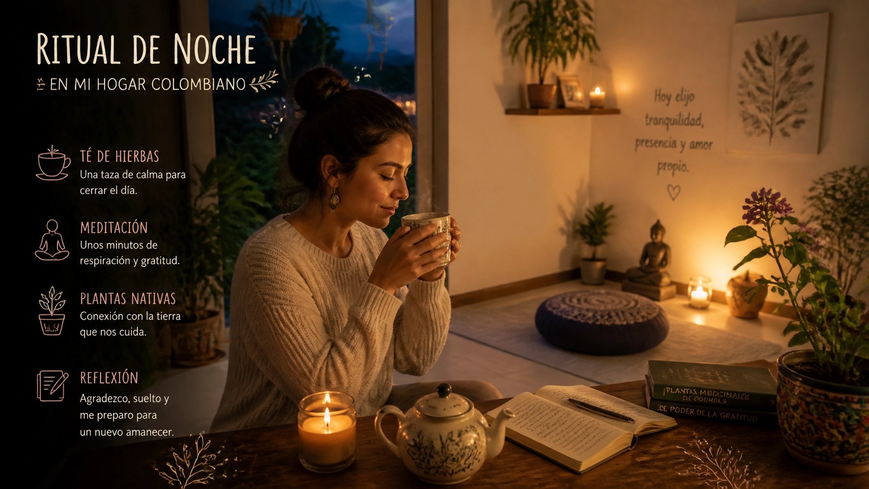Ambiente nocturno de relajación con infusiones y bienestar natural