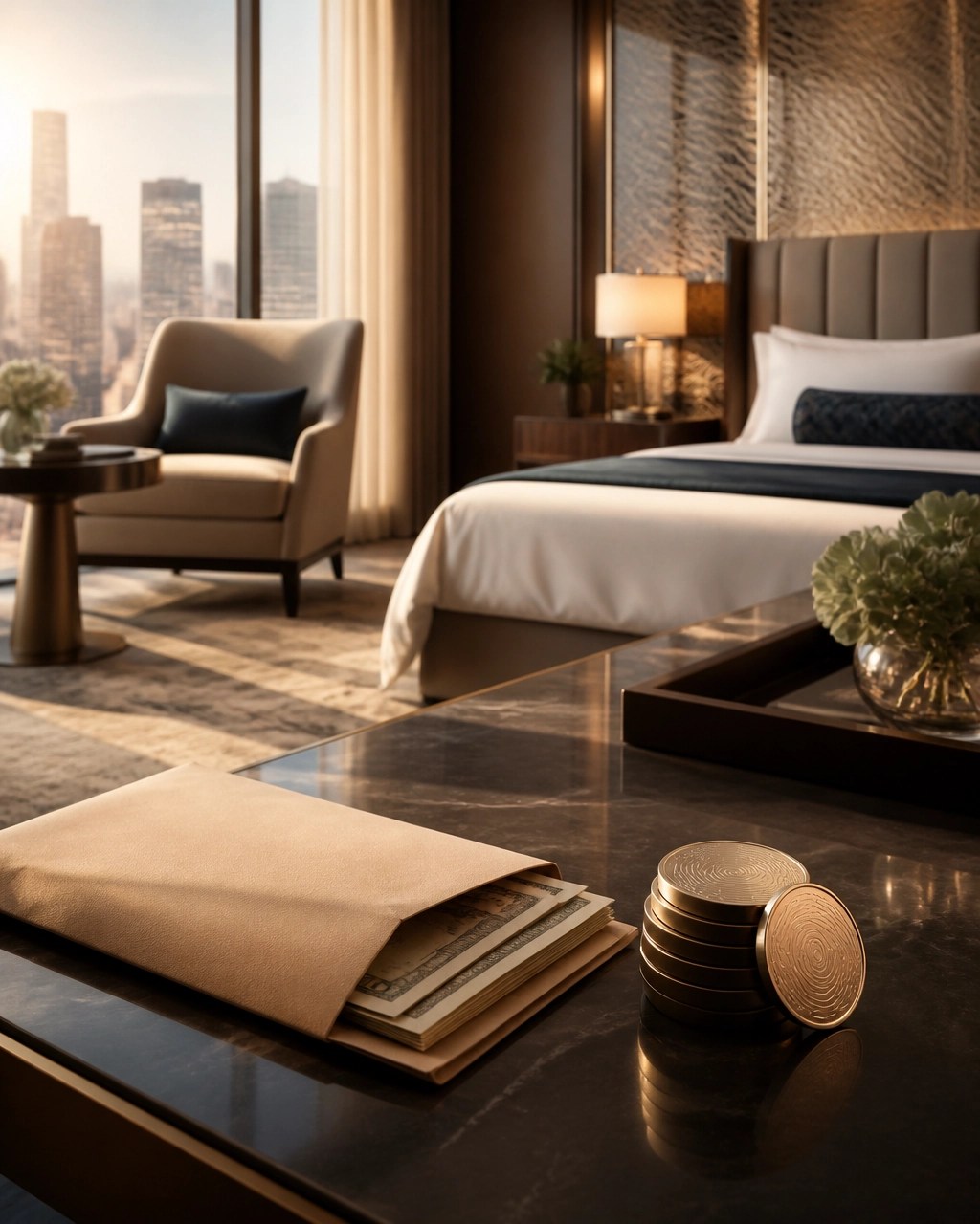 Luxury hotel room with cash-versus-points booking options beside a sunlit city-view suite