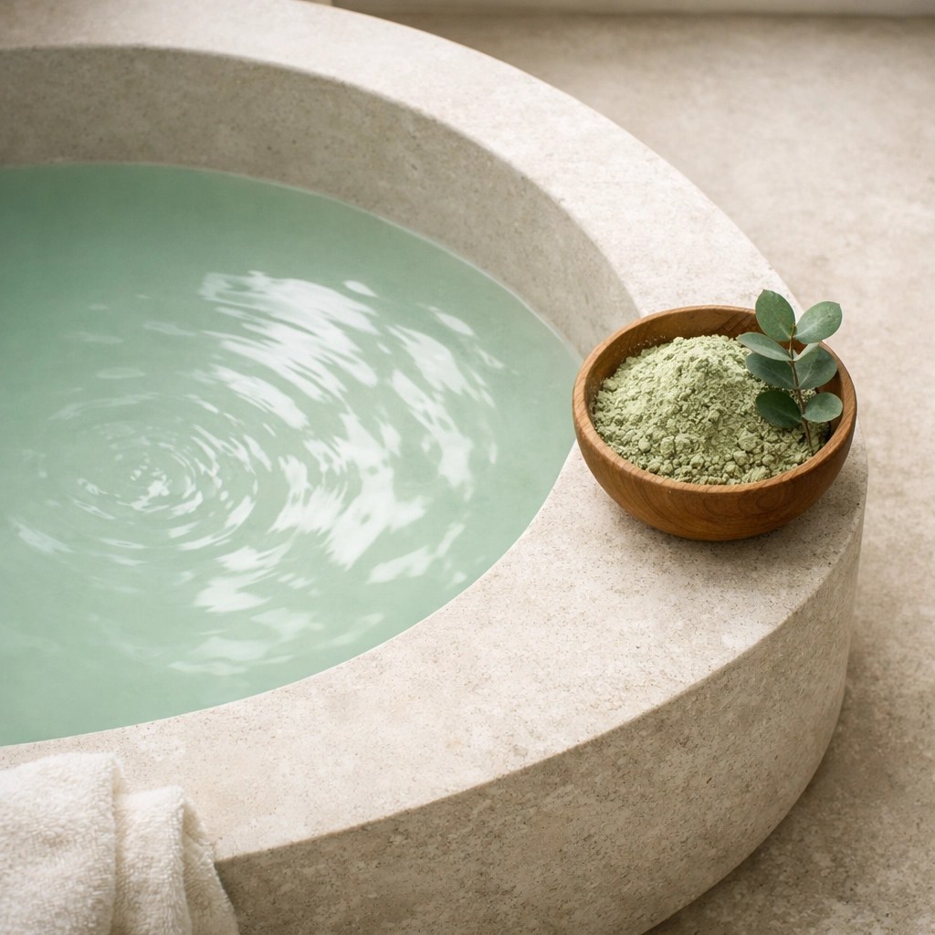 Restorative green clay bath in a luxury stone tub for muscle relaxation and skin remineralization after exercise.