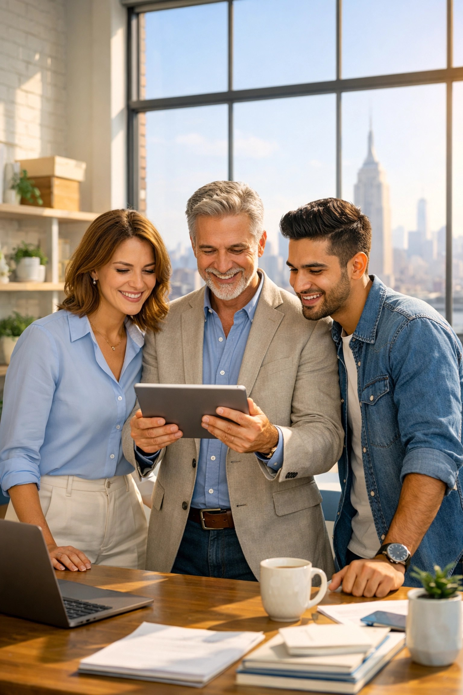 New York small business owners reviewing employee health insurance options in a modern office.