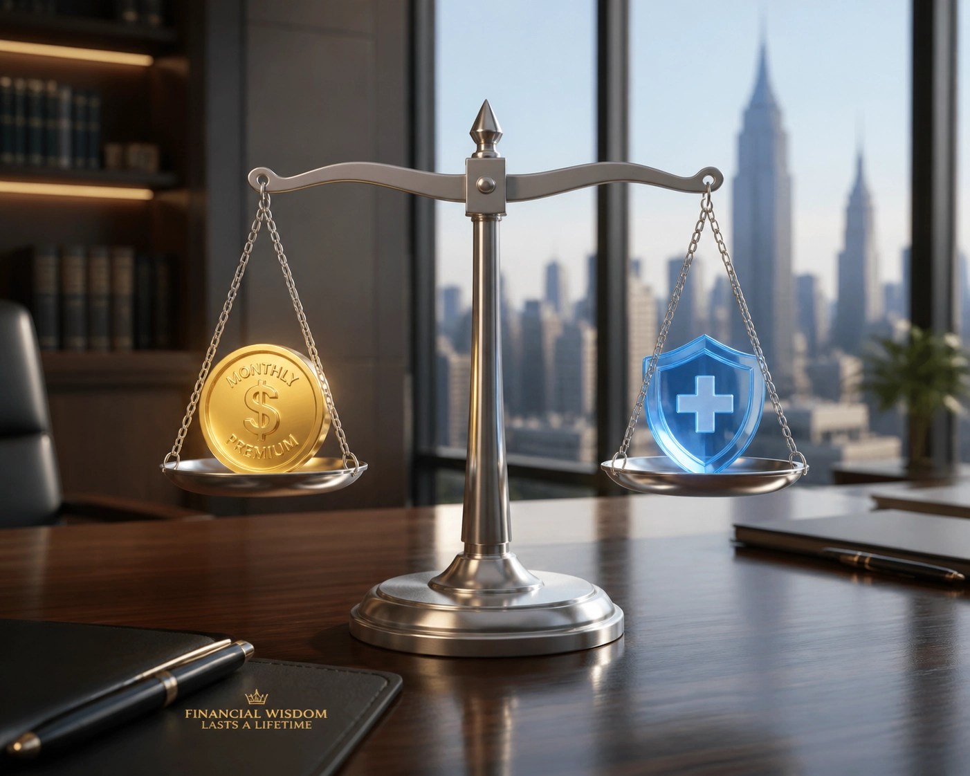 Balanced silver scale representing the trade-off between low premiums and quality New York small business insurance.