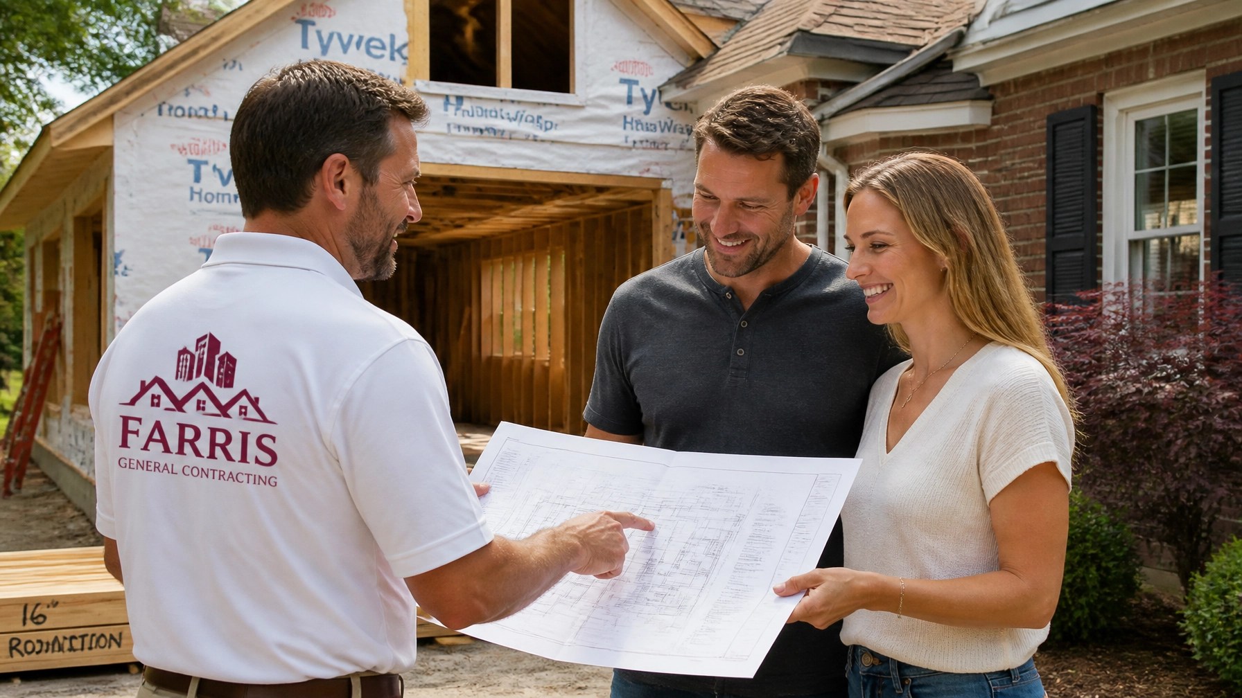 Farris General Contracting team discussing plans with a homeowner at a construction site