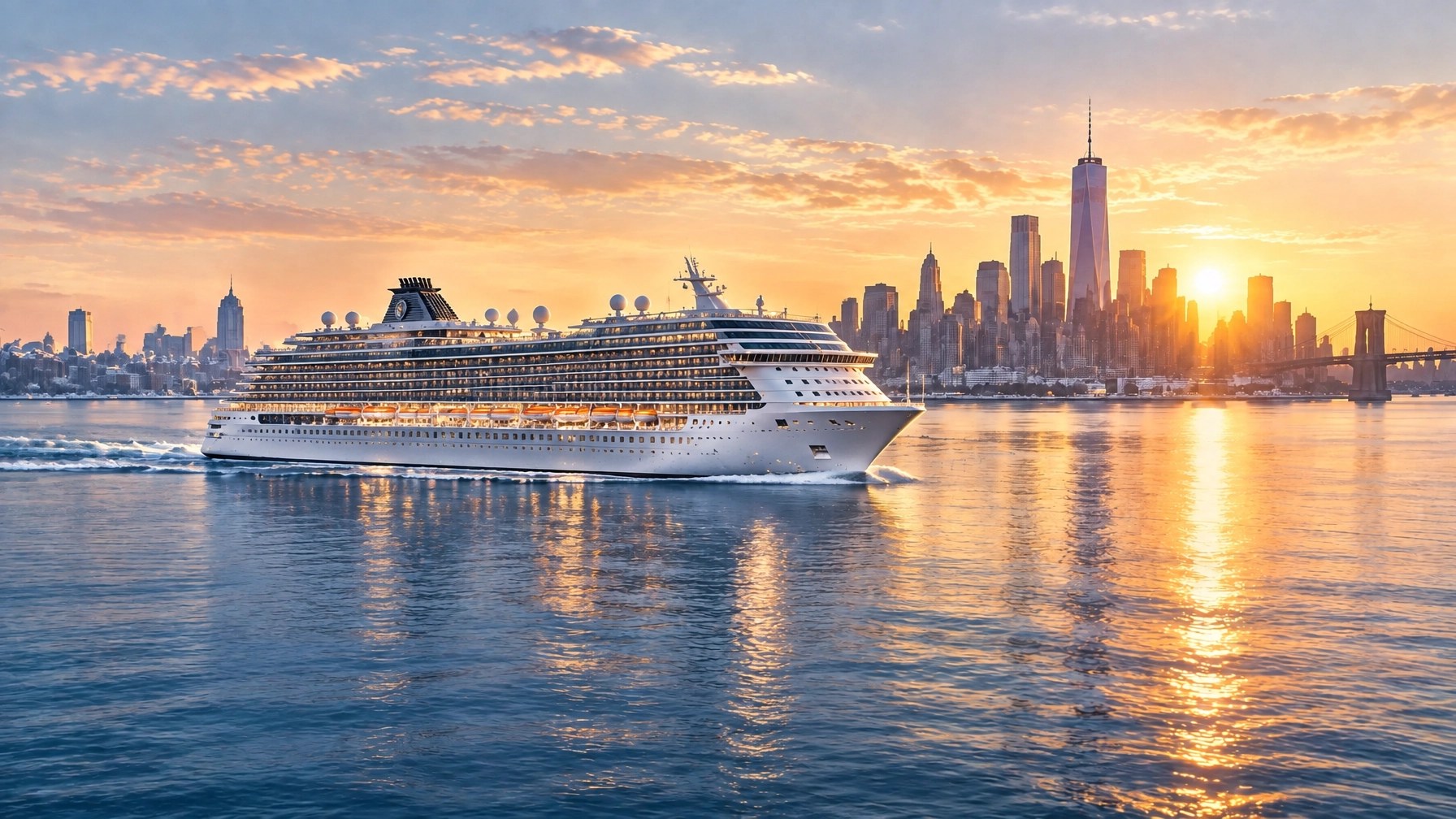 Modern cruise ship sailing through calm water at a golden winter sunrise