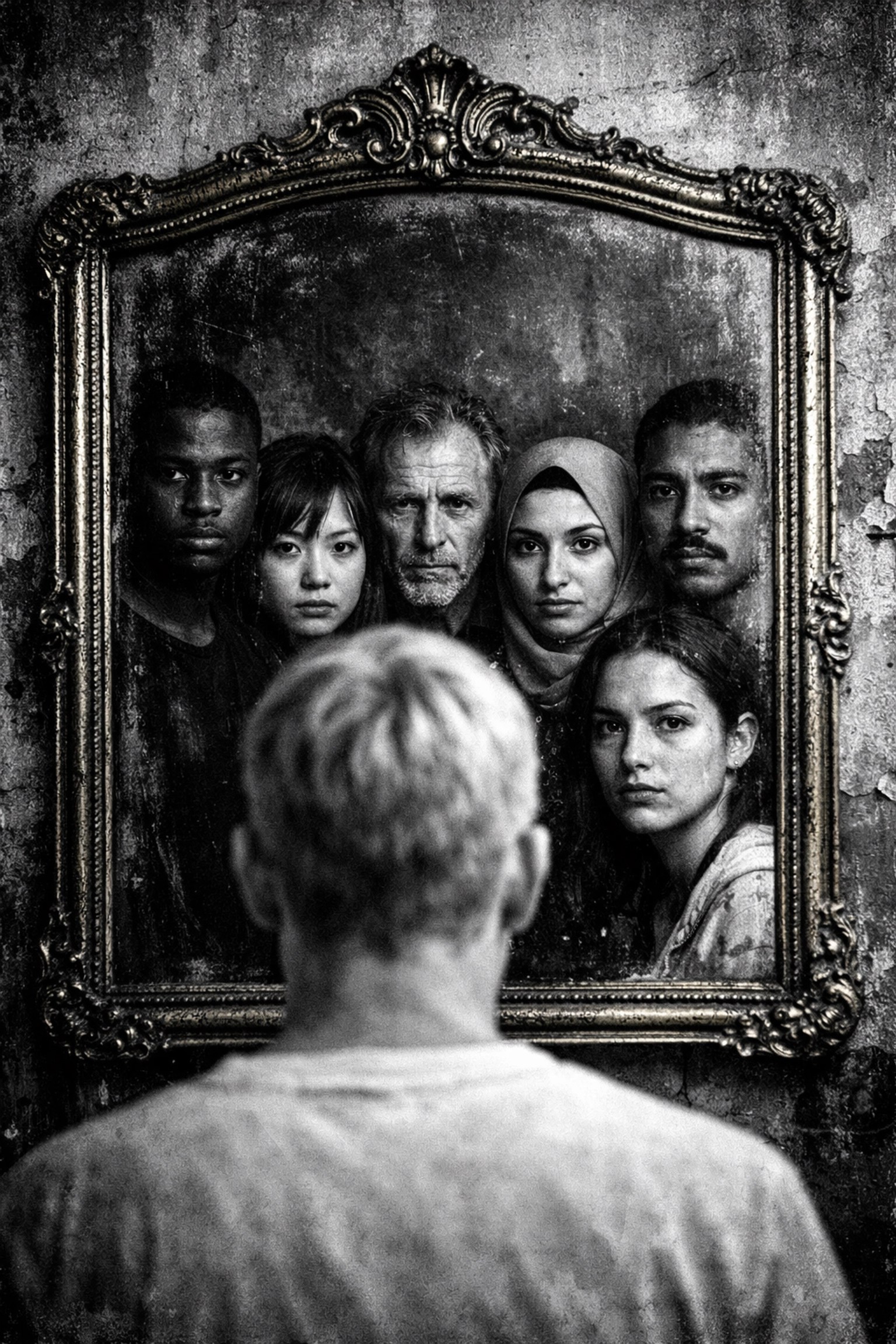 Mirror reflection showing diverse faces representing white fragility and power paradox