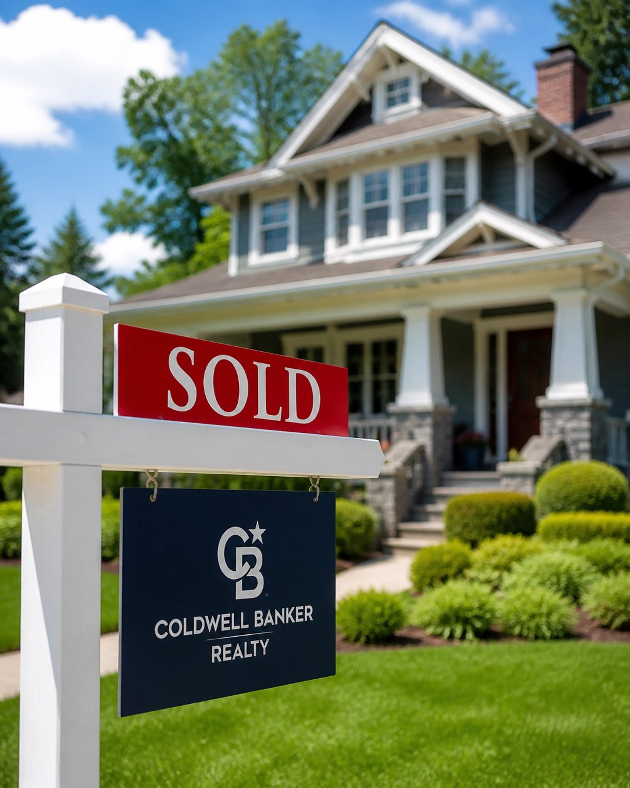 A professional close-up of a 'SOLD' sign on a wooden post in front of a beautiful Ohio home.
