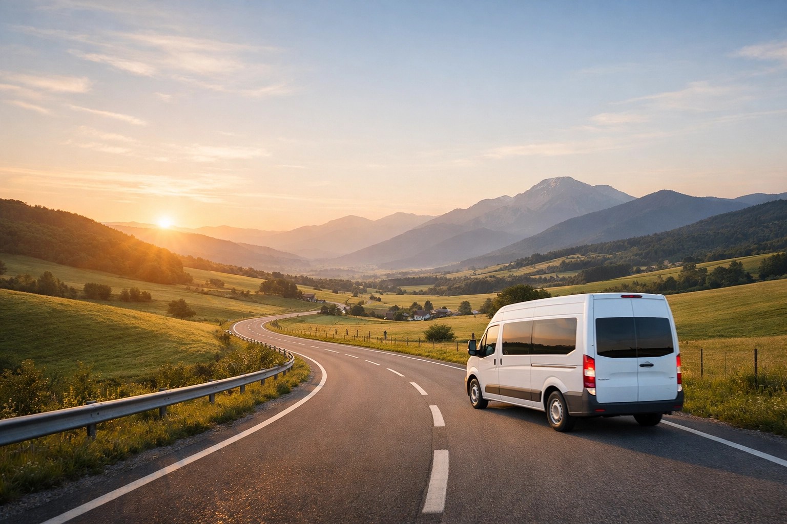 A professional medical transport van driving through a rural landscape to provide healthcare access to remote patients.