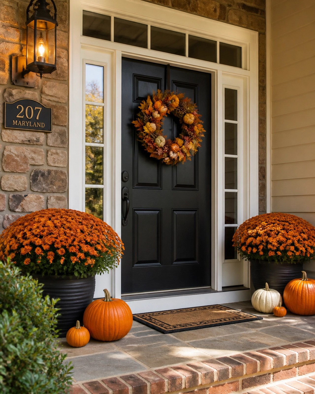 A close-up of a front porch with fall decorations, including mums and pumpkins, highlighting curb appeal.