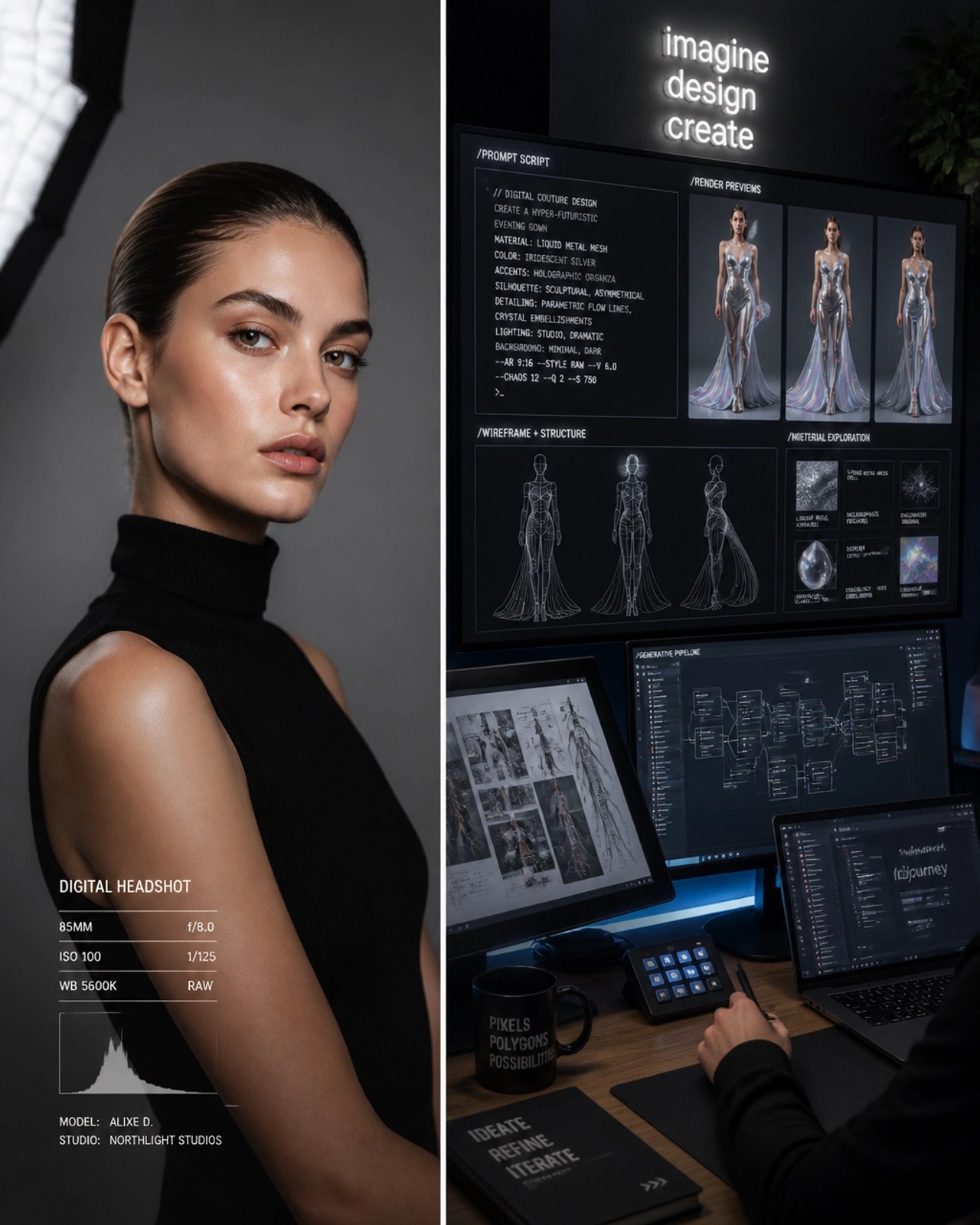 A split screen showing a model on set and an AI artist at work