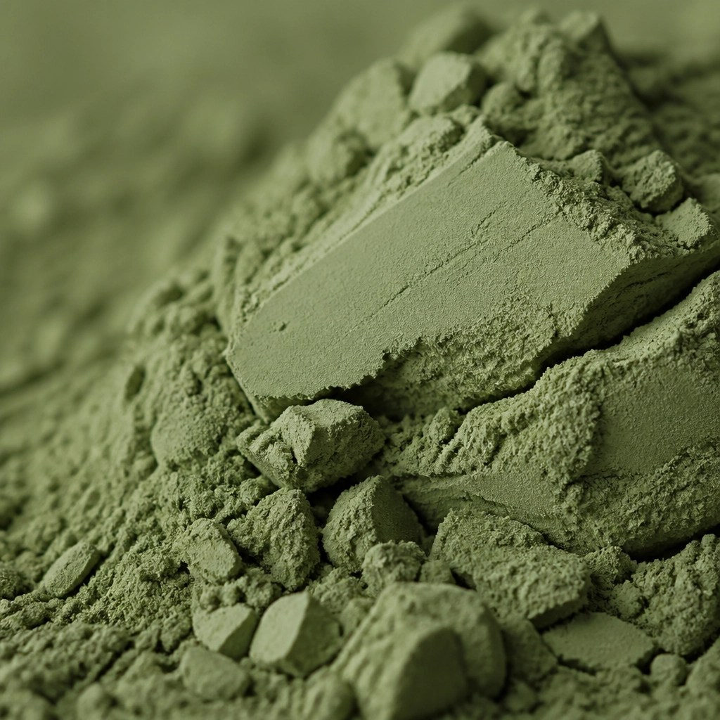 A macro, artistic shot of French Green Clay texture, showing the fine mineral particles and a rich, earthy green color.
