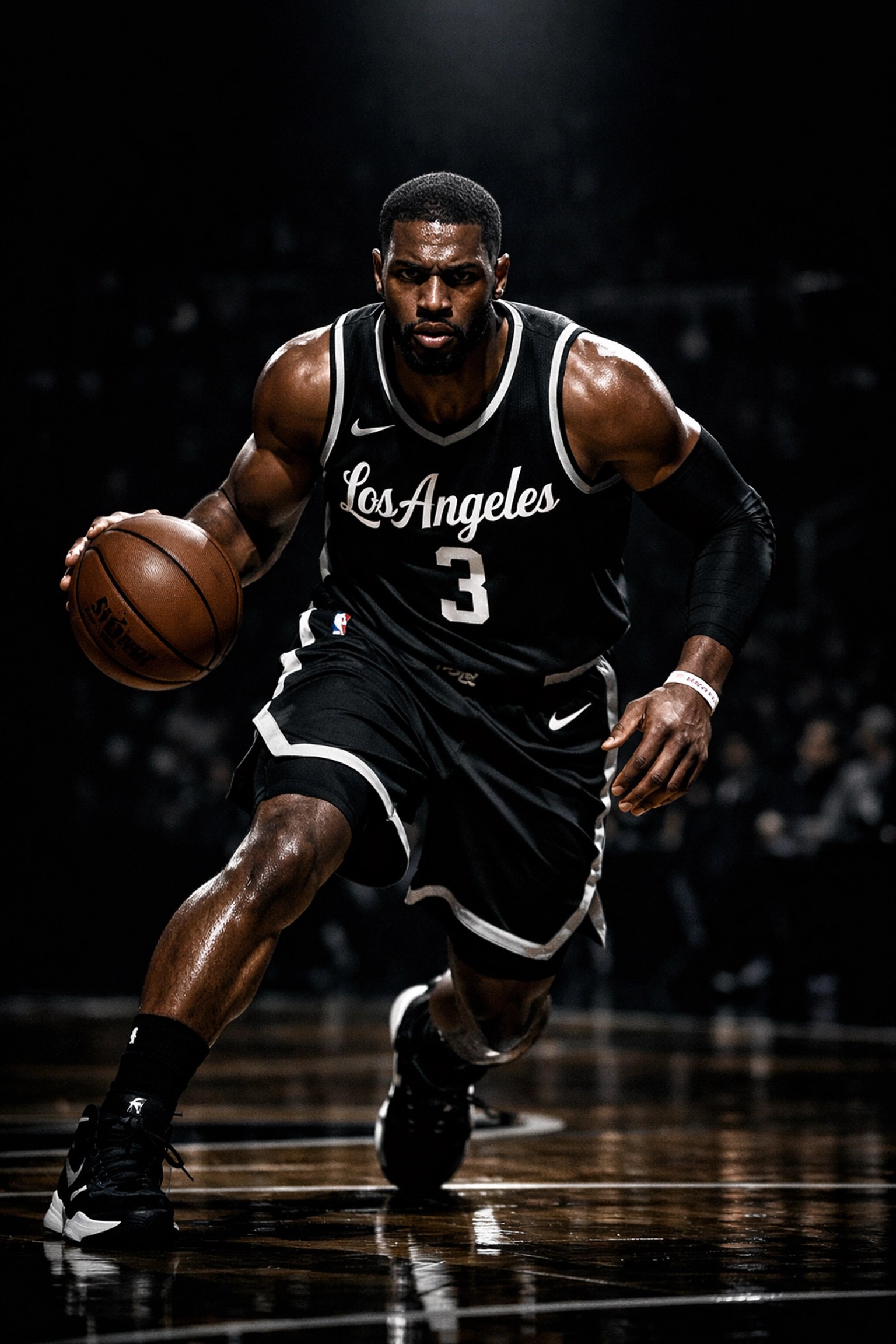 Lakers superstar in a Los Angeles jersey dominates the court during a professional basketball game.