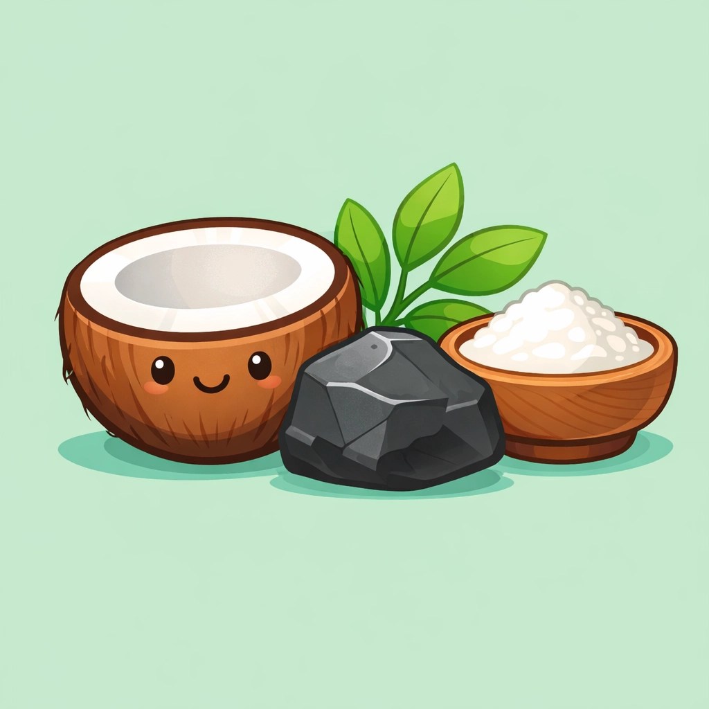 Natural deodorant ingredients illustration featuring coconut, charcoal, and arrowroot powder for CrossFitters.