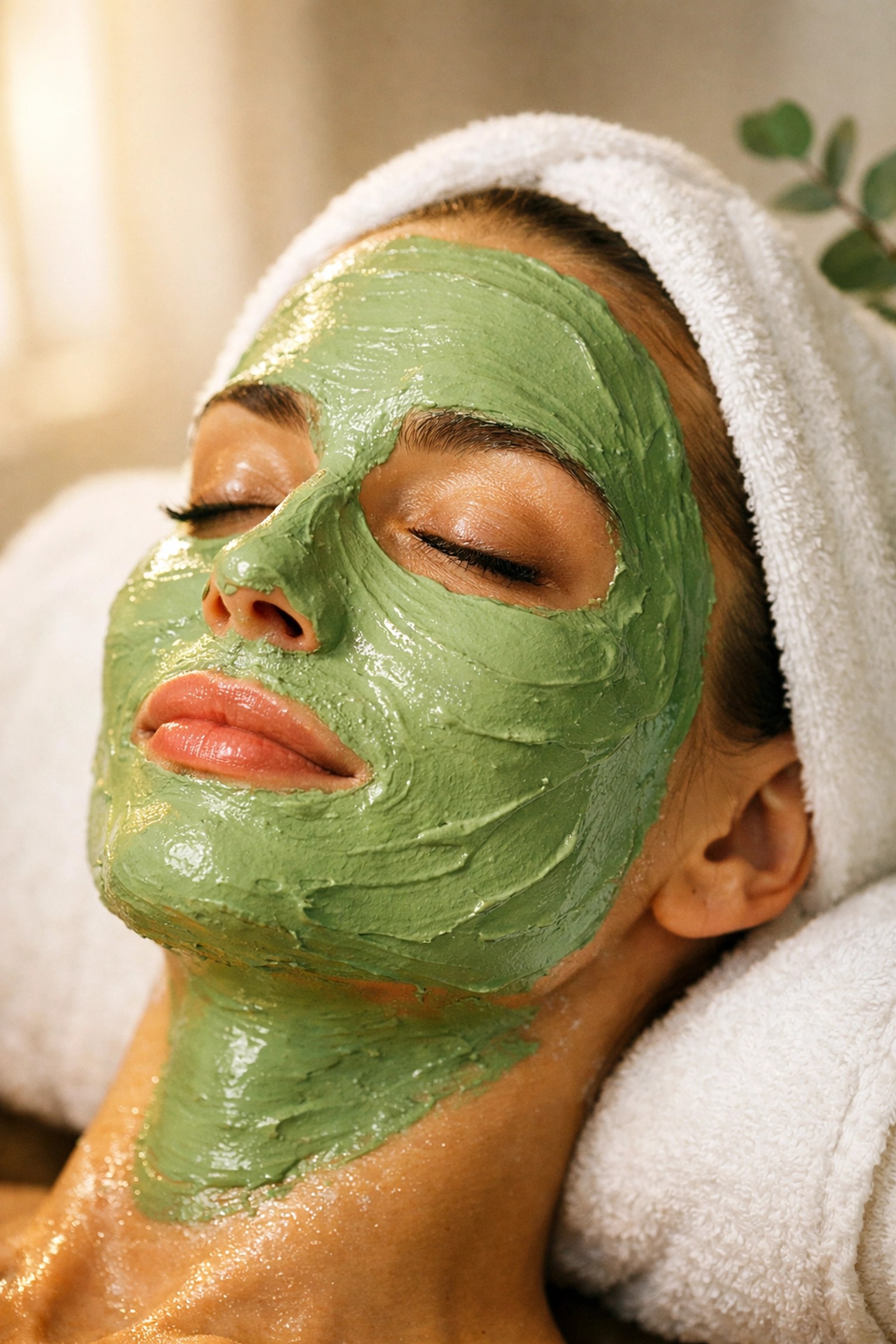 Applying a smooth, mineral-rich Clayer French green clay mask for natural skin detoxification.