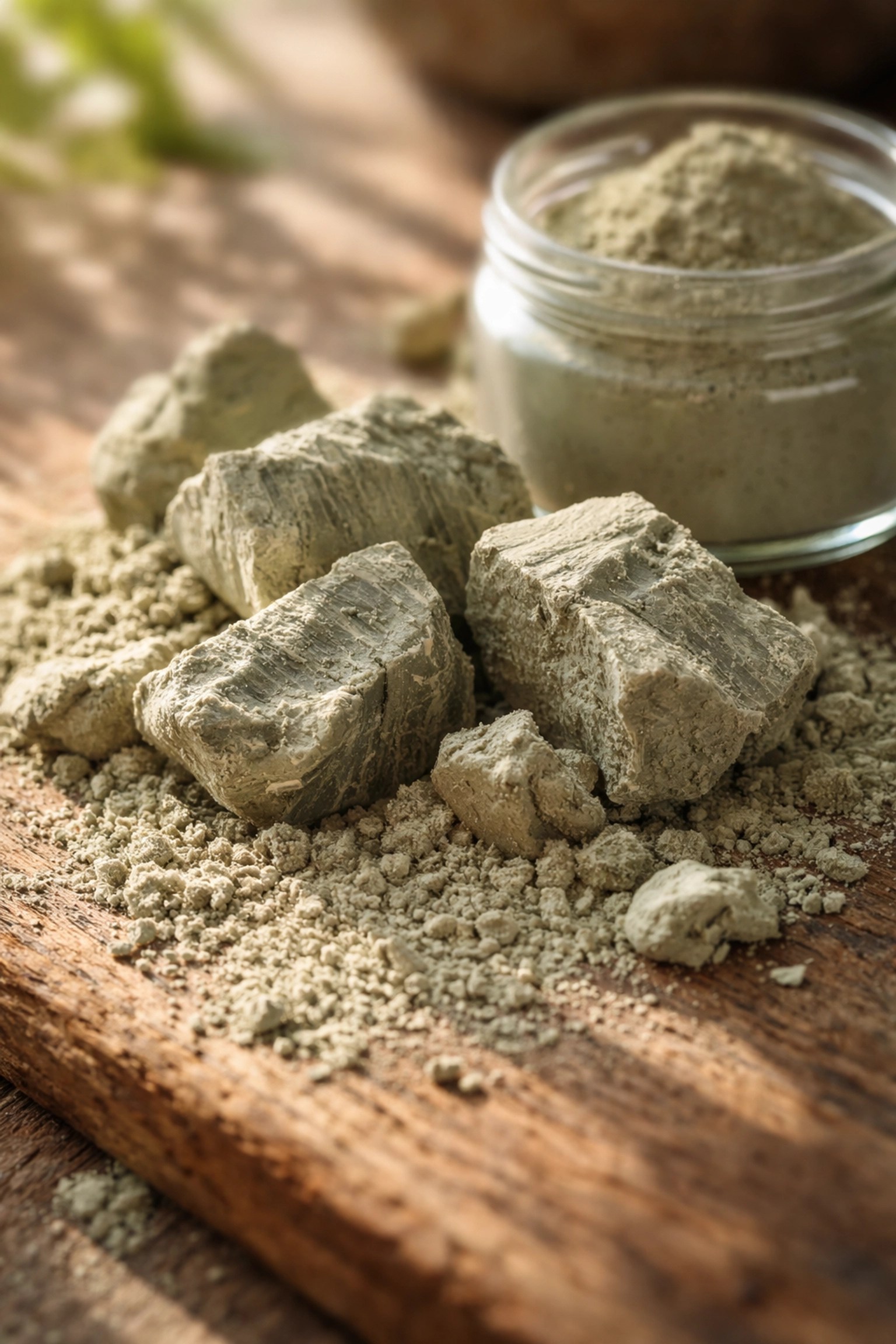 Raw natural green medicine clay chunks and pure powder showing single-ingredient purity
