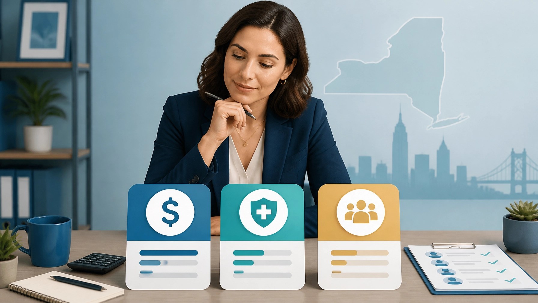 New York small-business owner comparing health insurance plan options, premiums, deductibles, and networks