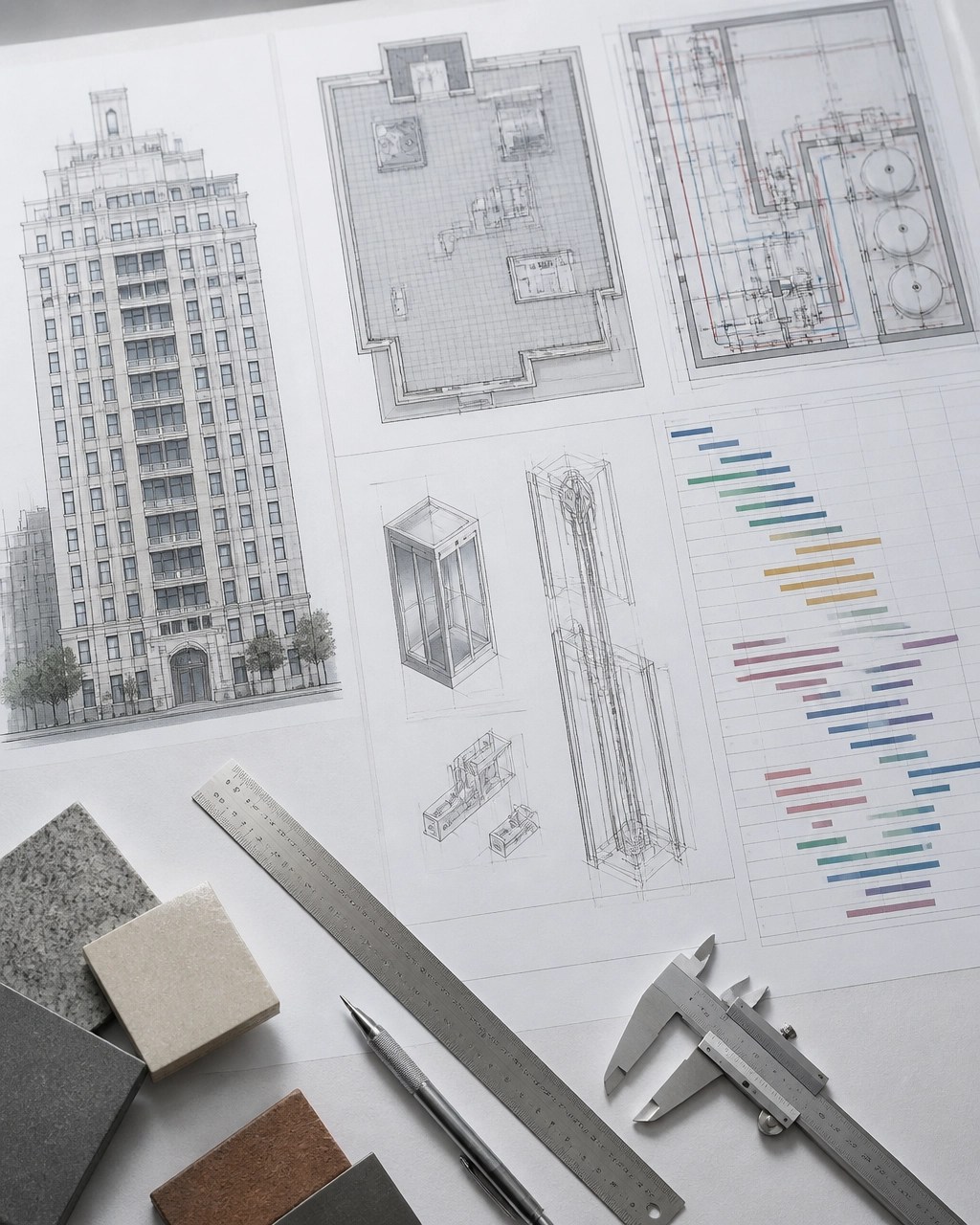 Technical building drawings, component diagrams, and a long-range capital schedule for a residential portfolio